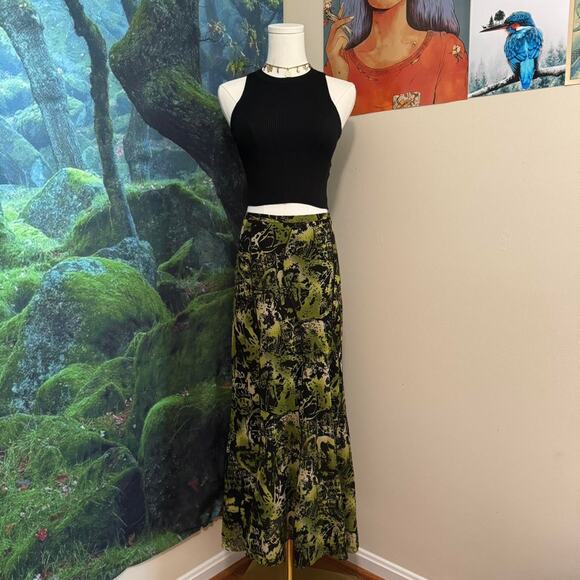 garella green black abstract print maxi skirt retro boho indie - Picture 2 of 7